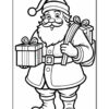 A black and white line drawing of a jolly Santa Claus holding a gift in one hand and a sack of presents slung over his shoulder, wearing a classic Christmas hat and outfit.