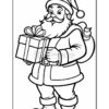 A black and white line drawing of Santa Claus holding a wrapped gift in one hand and wearing a traditional Santa outfit with a hat, belt, and boots, with a sack over his shoulder.