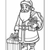 Line art illustration of a cheerful Santa Claus holding two Christmas presents, one in each hand, wearing a traditional red suit with a belt and a hat, standing with a decorative gift box at his feet.