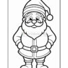 A cartoon-style outline drawing of a cheerful Santa Claus with a big belly, wearing a hat and a coat, with his hands resting on his hips in a playful pose, suitable for coloring.