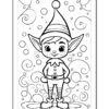 A black and white coloring page featuring a cheerful cartoon elf with pointed ears and a striped hat, standing on a swirling pattern background with bubbles.