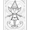 A black and white outline illustration of a cheerful elf standing in a whimsical swirl pattern, with an oversized hat and pointed ears, having arms outstretched, surrounded by decorative circular elements.
