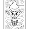 A black and white illustration of a cheerful elf character with pointed ears and a tall hat, standing against a whimsical swirly background.