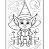 A black and white illustration of a cheerful elf with pointed ears and a striped cone hat, sitting on a wooden bench surrounded by whimsical circular patterns and mushrooms.