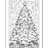 A black and white coloring page featuring a decorated Christmas tree surrounded by presents, with snowflakes falling in the background.