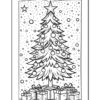 A black and white coloring page featuring a decorated Christmas tree with ornaments and a star on top, surrounded by presents at its base, set against a snowy backdrop with falling snowflakes.