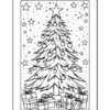 A black and white outline of a Christmas tree decorated with ornaments, surrounded by gifts and stars, suitable for coloring.