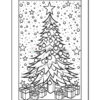 A black and white outline drawing of a decorated Christmas tree surrounded by gifts, set against a backdrop of stars and falling snowflakes.