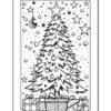 A black and white coloring page featuring a decorated Christmas tree surrounded by stars and snowflakes, with several gift boxes at the base of the tree.