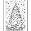 A black and white line drawing of a Christmas tree decorated with baubles and stars, surrounded by gift boxes on the ground, all set against a starry background.