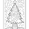 A black and white line drawing of a Christmas tree with a star on top, surrounded by snowflakes, sitting in a circular base on a wooden floor.