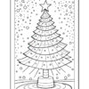 Black and white outline of a Christmas tree with a star on top, surrounded by snowflakes, designed for coloring.