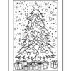 A black and white coloring page featuring a Christmas tree decorated with ornaments, standing in a snowy scene, surrounded by presents at the base.