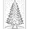A black and white coloring page featuring a tall Christmas tree with layered branches and a textured trunk, surrounded by snowflakes falling from the top of the page.