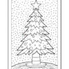 A black and white outline drawing of a Christmas tree on a snowy background, featuring decorative circles on the tree and a star at the top, set on a round base.
