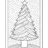Black and white coloring page of a Christmas tree with a star on top, surrounded by snowflakes and a curved ground line.
