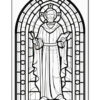 A black and white outline of a stained glass window featuring a standing religious figure with a beard, dressed in robes, holding a book in one hand and a scepter in the other, surrounded by an arched frame with circular designs and ornamental details.