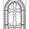 A black-and-white line drawing of a Gothic-style stained glass window featuring an ornate cross design in the center, flanked by decorative arches and intricate details in the glass panes.