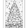 A black and white outline drawing of a Christmas tree adorned with ornaments and surrounded by neatly wrapped presents at its base, set against a background of scattered stars and snowfall.
