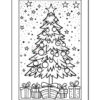 A black and white coloring page featuring a Christmas tree adorned with ornaments and surrounded by several gift boxes at the bottom, with stars scattered in the background.