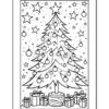 A black and white outline of a decorated Christmas tree surrounded by gifts, with stars and ornaments in the background, designed for coloring.