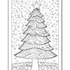 A black and white coloring page featuring a decorated Christmas tree with a star on top, surrounded by snowflakes and circular ornaments.