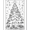 A black and white coloring page featuring a decorated Christmas tree surrounded by gift boxes, with stars and snowflakes in the background.