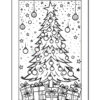A coloring page featuring a decorated Christmas tree surrounded by wrapped gifts, with stars and ornaments hanging in the background.