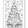 A black and white coloring page featuring a decorated Christmas tree with ornaments and a star on top, surrounded by stars and snowflakes, with wrapped gifts beneath the tree.