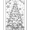 A black and white coloring page featuring a Christmas tree adorned with ornaments and surrounded by wrapped presents, set against a backdrop of stars and snowflakes.