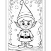 A cartoon elf with a pointed hat stands surrounded by swirling lines and bubbles, featuring a cheerful expression and a belt with a large buckle, outlined for coloring.