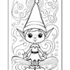 Black and white coloring page featuring a cheerful cartoon elf with pointed ears and a tall hat, standing against swirling abstract patterns.