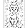 A cartoon elf character with a pointed hat and a big smile stands against a background filled with various sized bubbles. The image is black and white, designed for coloring.