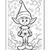 A cartoon-style coloring page of an elf standing with a large pointed hat and big ears, smiling. The elf is surrounded by bubbles and swirls, adding a whimsical background to the scene.