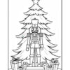 A black and white outline drawing of a nutcracker standing in front of a decorated Christmas tree, surrounded by wrapped presents on the ground.