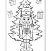 A black and white outline drawing for coloring featuring a nutcracker soldier standing in front of a decorated Christmas tree with gifts nearby.