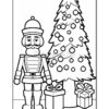 A black and white coloring page featuring a nutcracker soldier standing next to a Christmas tree adorned with ornaments, accompanied by two presents at its base.