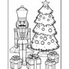 A coloring page featuring a nutcracker soldier standing beside a decorated Christmas tree, surrounded by wrapped gifts with bows at the base.
