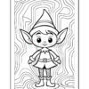 A black and white coloring page featuring a cartoon-style elf with pointed ears and a hat, standing in a playful pose against a wavy, abstract background.