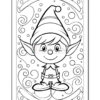 A cartoon elf with pointed ears wearing a striped hat, smiling and standing amidst swirling patterns and bubbles on a coloring page. The elf has short hair and is dressed in a simple outfit including a belt and shoes.