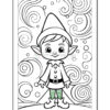 A black and white cartoon illustration of a cheerful elf with pointy ears and a tall, floppy hat, standing against a backdrop of swirling patterns and circles. The elf wears a buttoned shirt, a belt, and has striped leggings and curled-toe shoes.