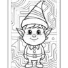 A black and white coloring page featuring a cartoon elf with pointed ears and a striped hat, smiling and wearing a traditional outfit with a belt. The background includes abstract, wavy lines.