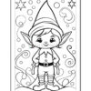 A black and white coloring page featuring a cheerful elf character with pointy ears and a tall, pointed hat, standing with hands on hips. The background includes swirling lines, bubbles, and stars.