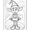 A black and white line art illustration of a cheerful elf standing with outstretched arms. The elf has large ears, a pointed hat with stripes, and wears a festive outfit with a skirt and striped stockings. Swirled lines and circles decorate the background.
