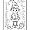 A cartoon elf with pointy ears and a striped hat, standing with hands on hips, smiling. The elf is surrounded by decorative swirls and circles, intended for a coloring page.