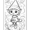 A cartoon-style elf with pointy ears and a pointed hat stands smiling with one hand holding an ornament, surrounded by swirling lines and circles in a playful design suitable for coloring.