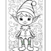 A cute cartoon elf with a pointed hat, sitting on a small platform, surrounded by playful swirls and circles in a coloring book style.