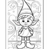 A cartoon elf character with pointed ears and a large hat, standing with hands on hips. The background features abstract swirls and geometric shapes, creating a playful atmosphere. The image is outlined for coloring.