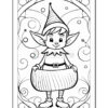 A black and white outline illustration of a cheerful elf holding a large curved object, possibly a sack, surrounded by whimsical swirls and circles.