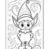 A cartoon-style elf character with large ears and a pointed hat stands confidently with hands on hips against a whimsical background of swirls and circles, all outlined for coloring.